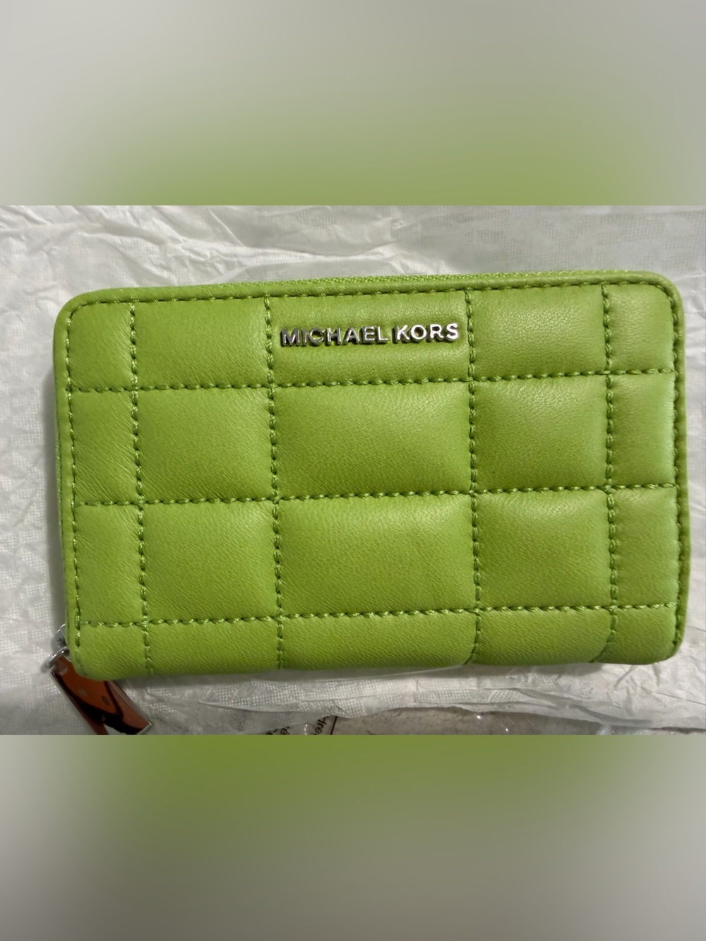 Michael Kors Lime Green Quilted Zip Card Case